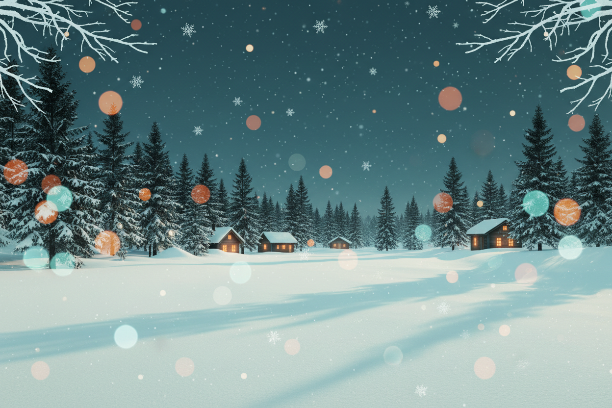 Create a high-resolution, Christmas-themed background designed in the brand colors of GLORY BOARDS: dark turquoise (#367B86), light turquoise (#559da8), orange (#dd5f31), black (#000000), and off-white (#fffef9). The scene should be cozy, wintry, and festive, featuring soft elements like falling snow, frosted trees, gentle lighting, and minimalistic Christmas details. No text, no branding – just a stylish, clean design with a Scandinavian-inspired aesthetic. Use the brand colors subtly in elements like sky 